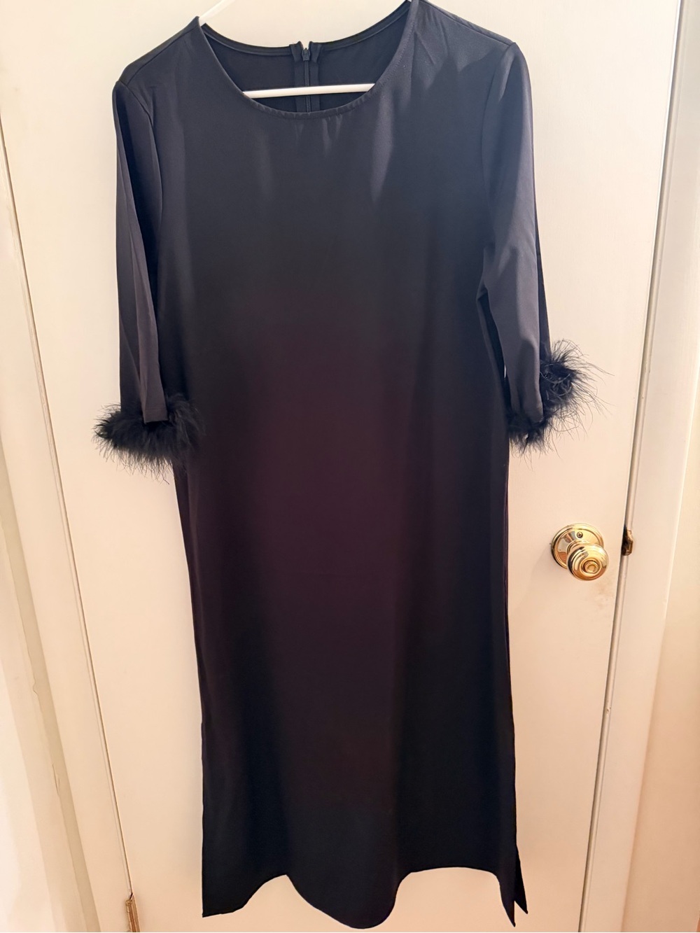 Black Feather Cuff Midi Dress - Elegant Women's Evening Dress